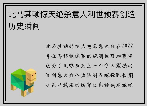 北马其顿惊天绝杀意大利世预赛创造历史瞬间
